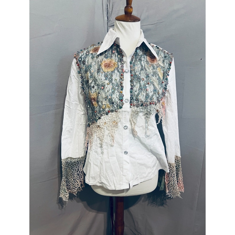 Black Cat Womens Artsy Blue Beaded Lace Fairy Grunge Top Sz L‎ Y2K 90